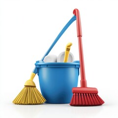 Colorful cleaning supplies in a plastic bucket.
