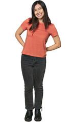 Full-body young Chinese woman happy, smiling and cheerful.