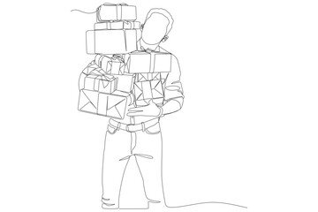 Man Holding a Pile of Gift Boxes – One Line Vector Illustration