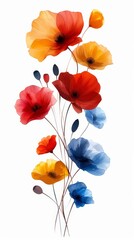 Hand drawn minimalistic poppy icons in vibrant colors displayed in a vertical arrangement showcasing artistic floral interpretation