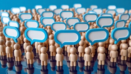 Obraz premium Wooden blocks social network communication shows a concept of people in a group with speech bubbles, symbolizing teamwork and community