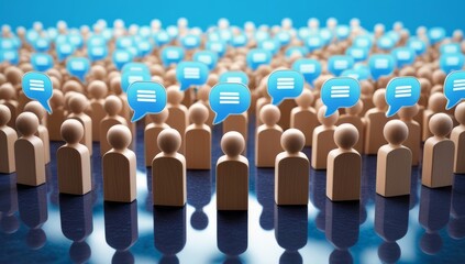 Wooden blocks social network communication shows a concept of people in a group with speech bubbles, symbolizing teamwork and community