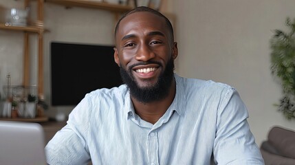 Fototapeta premium A smiling African American businessman engages in a video conference call, radiating positivity and confidence while working remotely.
