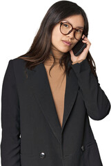 Young Chinese businesswoman talking on phone in studio