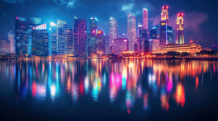 Fototapeta premium Vibrant city skyline at night with illuminated skyscrapers reflecting on calm water in a bustling urban setting du evening hours