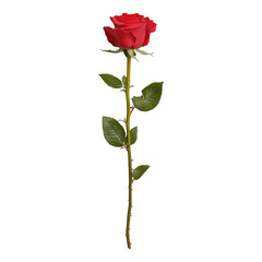 Single Red Rose with Green Stem and Leaves on Black  Isolated on transparent background