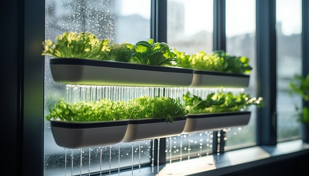 Overhead shot of modular window-mounted salad trays with integrated capillary mat system, showing visible water gradient and lush leafy greens. Ideal for showcasing compact urban gardening