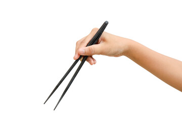 Black chopsticks hand on white background