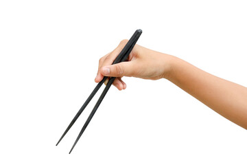 Black chopsticks hand on white background