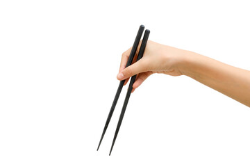 Black chopsticks hand on white background