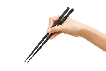Black chopsticks hand on white background