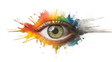 A striking artistic representation of an eye surrounded by colorful paint splashes, perfect for themes of creativity, vision, and perception in advertising, design, or educational materials,
