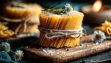 Herb and flower pasta bundle. A beautifully arranged bundle of pasta is tied with twine, surrounded by herbs and small flowers on a wooden board.