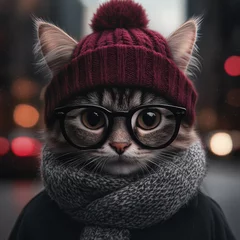 A cozy cat wearing glasses and a knitted hat stands against a softly focused urban backdrop, exuding a whimsical charm, This image works well for pet-related content, social media, or marketing,