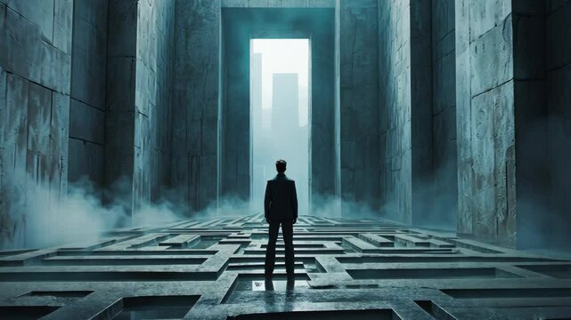 Silhouette of man in concrete maze looking at glowing portal in surreal city