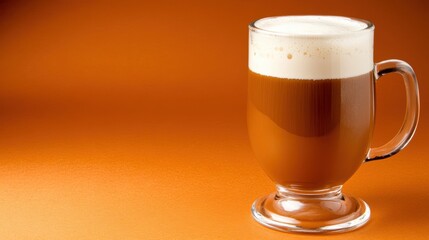 A close-up of a frothy beer glass set against an orange backdrop, ideal for use in food and drink marketing materials, blogs, or menus to evoke warmth and social gatherings,
