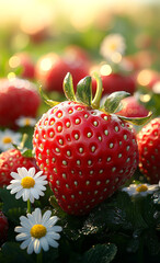 Red berries in white daisies. Bright red strawberries are surrounded by white daisies, basking in warm sunlight on a vibrant green field.