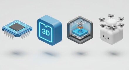 Isometric Tech: Microchip, 3D Icon, Printer, and Drone on Light Background