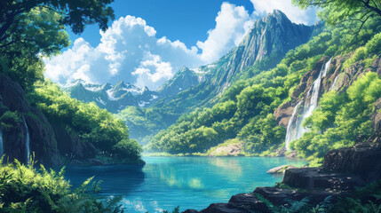 Breathtaking view of a pristine mountain landscape with lush green trees cascading waterfalls flowing into a serene turquoise lake surrounded by towe peaks and vibrant clouds