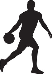 basketball player silhouette in motion, dynamic visual capturing athletic movement and action with the ball