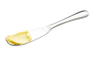 Creamy butter spread on a silver butter knife isolated on white background perfect for culinary