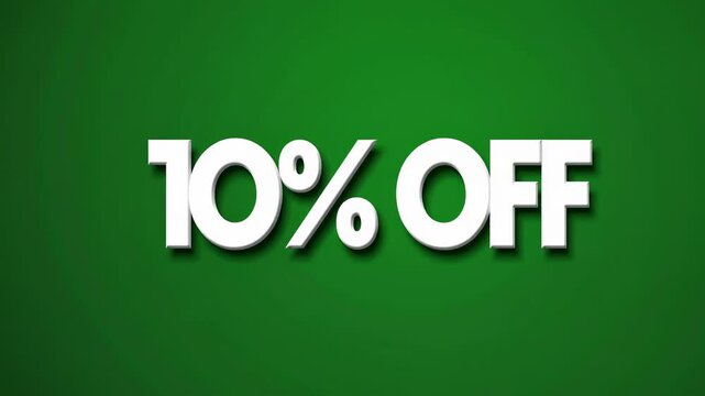 Dynamic white ten percent discount graphic animating across vibrant green background, highlighting special promotional marketing message for retail and e commerce contexts