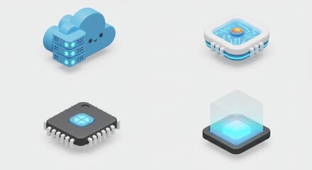 Isometric Tech Icons: Cloud Storage, Processor, Hologram Platform, Network Hub.