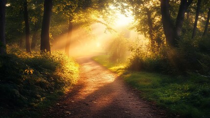 Obraz premium Golden sunrise rays illuminating a misty forest path scenic landscape photography calm light trees