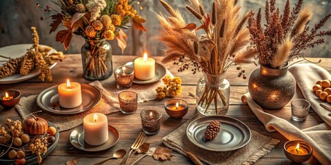 Minimalist Autumn Candle & Dried Plant Table Display - Cozy Fall Home Decor Photography