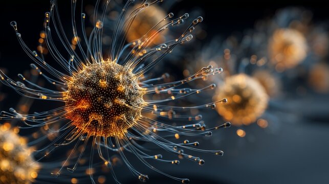 Microscopic view of a virus with glowing elements and intricate details. Vibrant virus designs. - Powered by Adobe