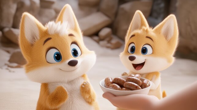 Two adorable, animated fox cubs eagerly gaze at a bowl of sausages, expressing joy and curiosity, This charming image can be used for children's media, food marketing, or educational content,