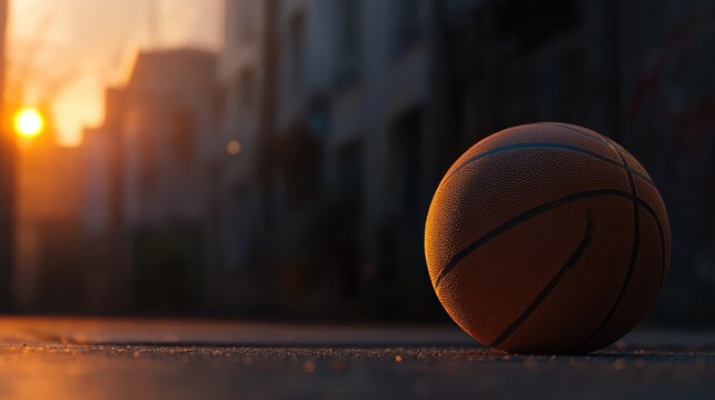 A basketball rests on the pavement as the sun sets, casting a warm glow, This image is ideal for sports-themed content, articles on urban culture, or promotional materials for basketball events,