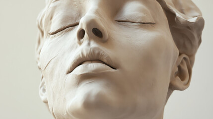 Close-up of a serene young woman's face with closed eyes and smooth skin showing calmness and tranquility in soft natural lighting with neutral background