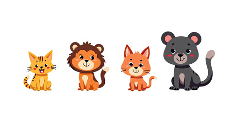 Fototapeta premium Adorable Cartoon Animals: Cat, Lion, Panther - Cute characters