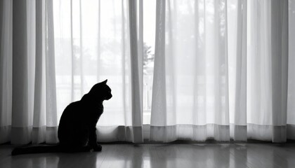 Black cat silhouetted against sheer curtains, creating a peaceful and serene atmosphere in a cozy indoor setting