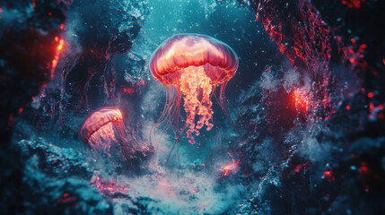 Naklejka premium Vibrant underwater scene with glowing jellyfish floating amidst luminous bioluminescent marine life in deep ocean environment