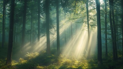 Obraz premium Magical sunbeams in a misty green forest landscape dark leaf path trees woods light image nature