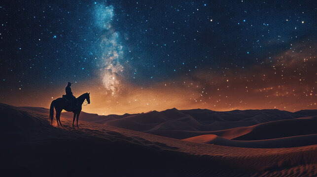 Lone traveler riding a horse on sand dunes at night under clear starry sky with the Milky Way galaxy visible in a desert landscape scene