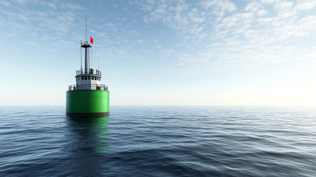 Green buoy with red flag stands tall in calm waters, signaling safety and guidance