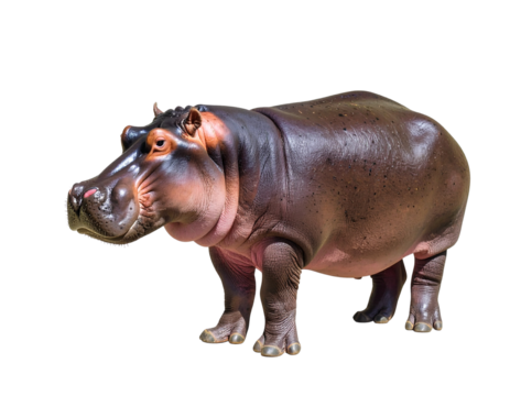 A large adult hippopotamus stands with its mouth closed and body facing forward.