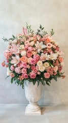 Naklejka premium Large pink flower arrangement in ornate urn.
