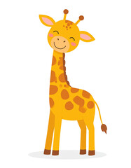 Fototapeta premium A cute cartoon giraffe with a smiling face and large spots stands upright.