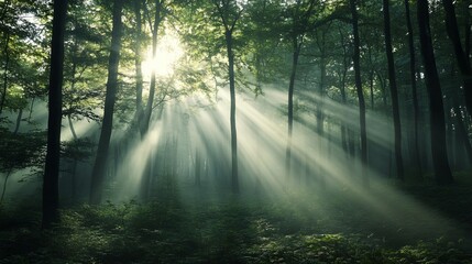 Fototapeta premium Sunbeams illuminate mystical green forest landscape with fog mist rays dark trees woods light image