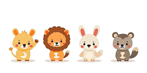 Fototapeta premium Cute Cartoon Animals: Lion, Rabbit, Bear, & More - Kawaii style