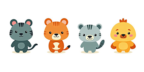 Fototapeta premium Cute Cartoon Animals: Tiger, Cat, Chick - Minimalist design