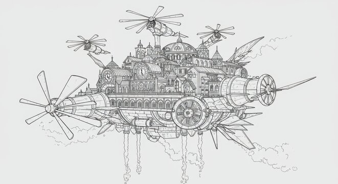 Steampunk City Suspended by Propellers