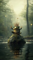 Crowned amphibian meditates on mossy rock, tranquil water.