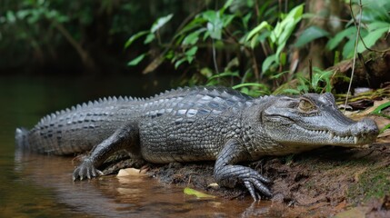 Obraz premium Caiman on Riverbank: Amazon Wildlife