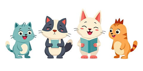 Cute Cats Reading Books Cartoon Illustration - Cute characters