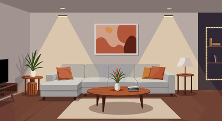 Cozy living room illuminated modern interior